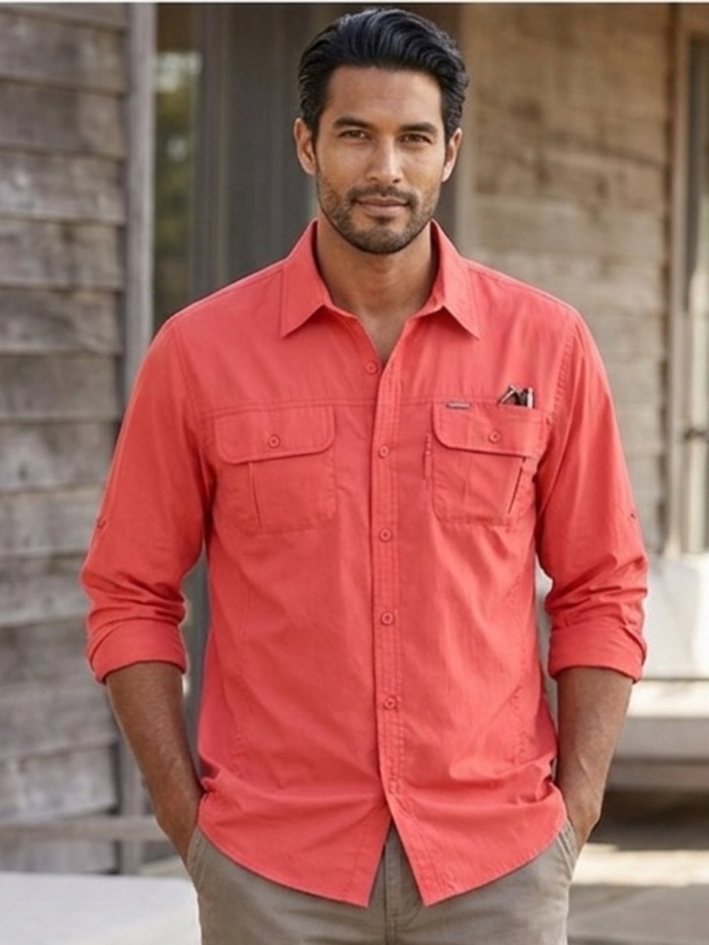 TravelSmith Shirt Red Coral Button-Up Long Sleeve Casual Mens Size L